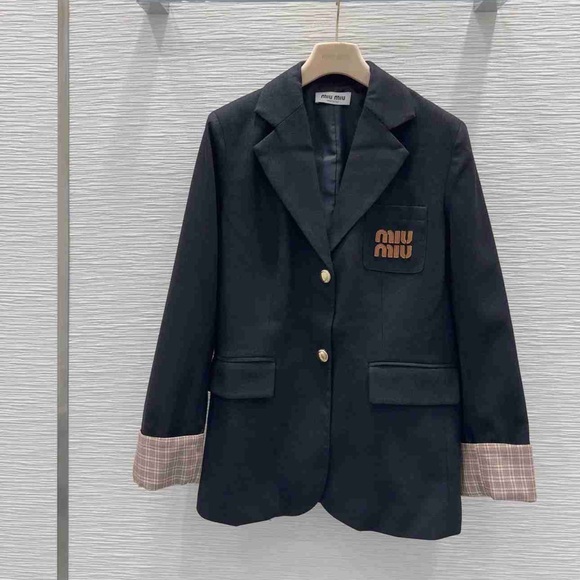 Miu Miu Jackets & Blazers - Miu Miu Black Blazer with Brown Plaid Cuffs